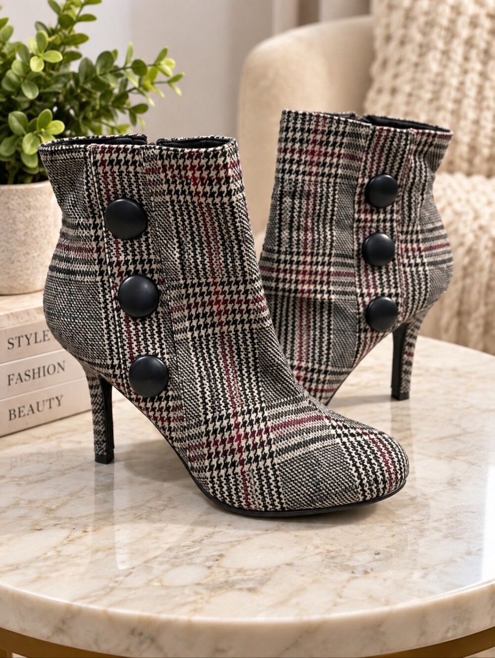Diba Women’s Plaid Button Ankle Boots Size 10M Stiletto Heel Zip Up